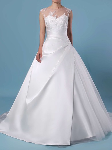 Ball Gown Scoop Neck Tulle Sweep Train Appliques Lace Wedding Dresses #PWD00023390