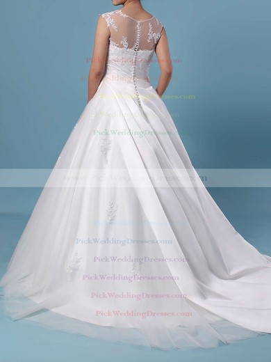 Ball Gown Scoop Neck Tulle Sweep Train Appliques Lace Wedding Dresses #PWD00023390