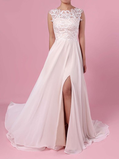 A-line Scoop Neck Chiffon Tulle Sweep Train Split Front Wedding Dresses #PWD00023392
