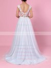 A-line V-neck Tulle Sweep Train Appliques Lace Wedding Dresses #PWD00023394