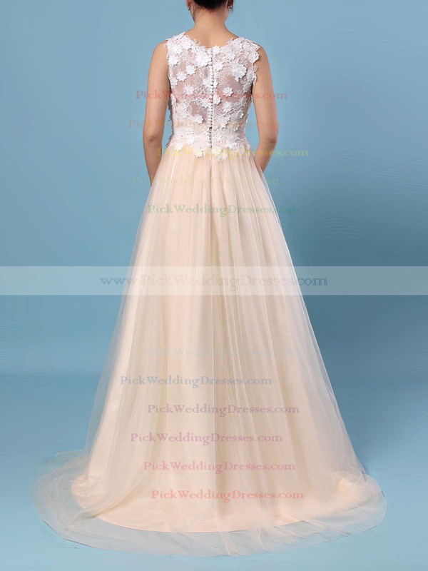 A-line Scoop Neck Lace Tulle Sweep Train Appliques Lace Wedding Dresses #PWD00023395