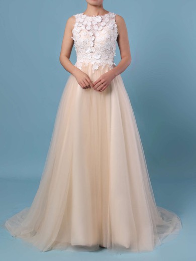 A-line Scoop Neck Lace Tulle Sweep Train Appliques Lace Wedding Dresses #PWD00023395