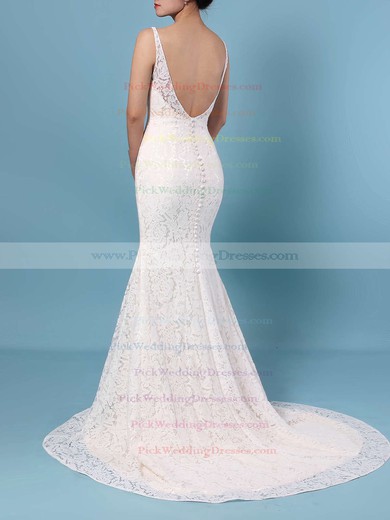 Trumpet/Mermaid V-neck Lace Sweep Train Wedding Dresses #PWD00023398