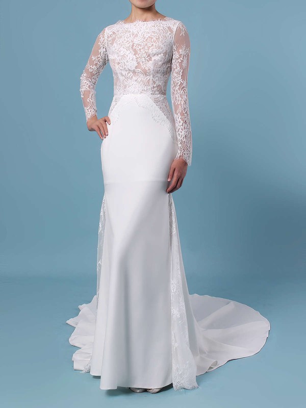 Trumpet/Mermaid Scalloped Neck Lace Silk-like Satin Sweep Train Appliques Lace Wedding Dresses #PWD00023401