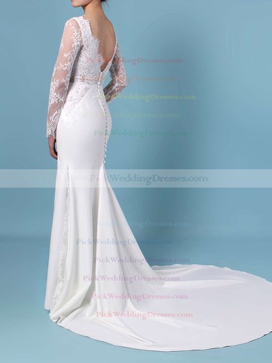 Trumpet/Mermaid Scalloped Neck Lace Silk-like Satin Sweep Train Appliques Lace Wedding Dresses #PWD00023401