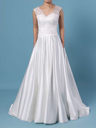 Ball Gown V-neck Lace Satin Sweep Train Pockets Wedding Dresses #PWD00023403