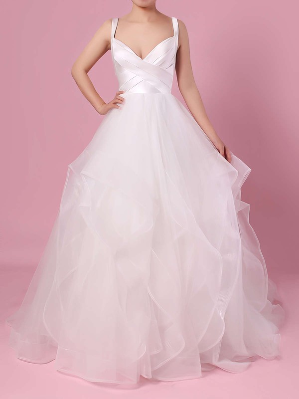 Ball Gown V-neck Organza Tulle Floor-length Cascading Ruffles Wedding Dresses #PWD00023407