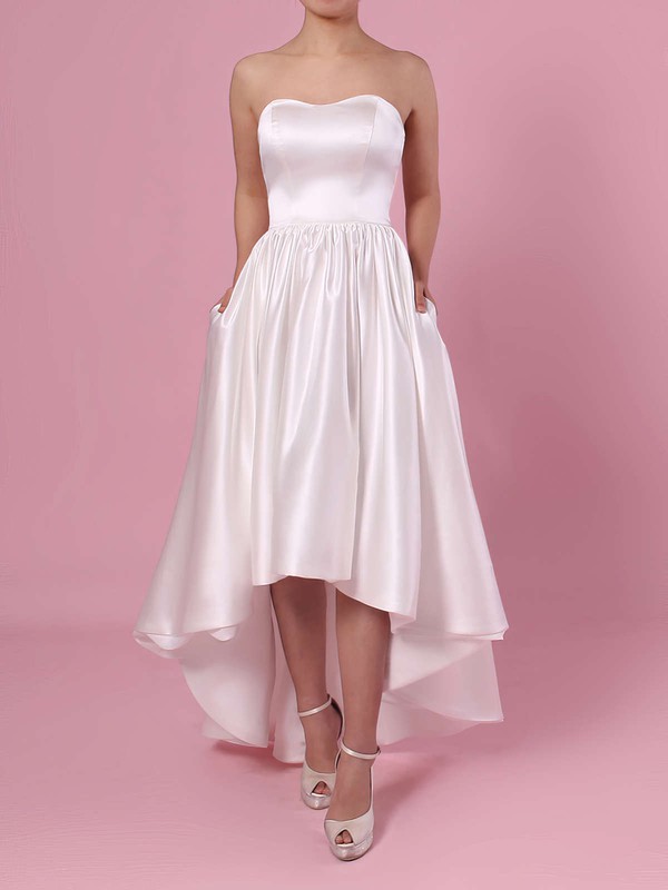 Princess Strapless Satin Asymmetrical Pockets Wedding Dresses #PWD00023426