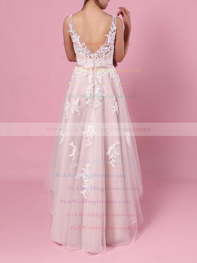 A-line V-neck Tulle Asymmetrical Appliques Lace Wedding Dresses #PWD00023427
