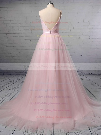 A-line V-neck Tulle Sweep Train Sashes / Ribbons Wedding Dresses #PWD00023430