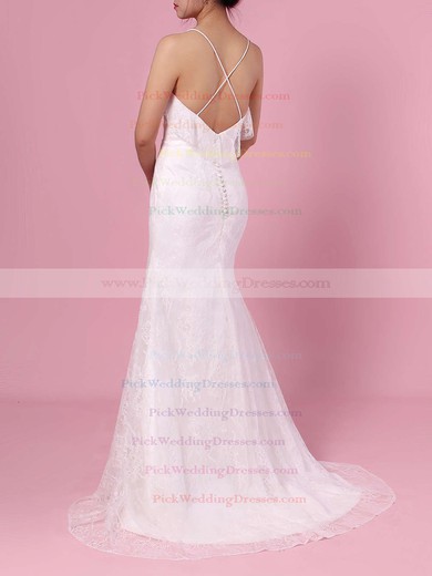 Sheath/Column V-neck Lace Sweep Train Wedding Dresses #PWD00023439
