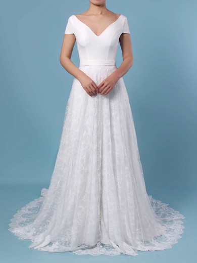 A-line Scoop Neck Lace Sweep Train Sashes / Ribbons Wedding Dresses #PWD00023448