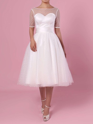 Princess Scoop Neck Tulle Tea-length Bow Wedding Dresses #PWD00023451