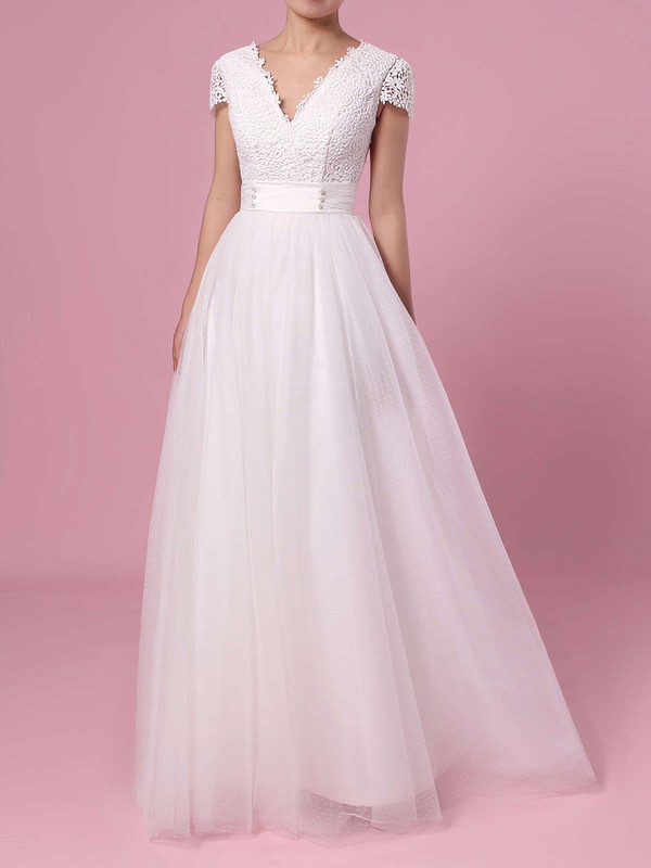 A-line V-neck Lace Tulle Sweep Train Sashes / Ribbons Wedding Dresses #PWD00023453