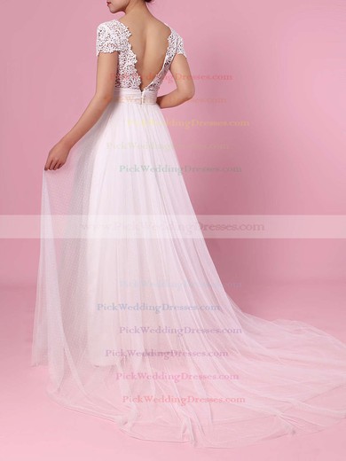 A-line V-neck Lace Tulle Sweep Train Sashes / Ribbons Wedding Dresses #PWD00023453