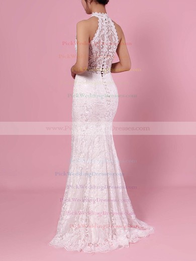 Sheath/Column High Neck Lace Floor-length Lace Wedding Dresses #PWD00023454