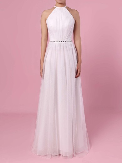 A-line Scoop Neck Tulle Floor-length Wedding Dresses #PWD00023455
