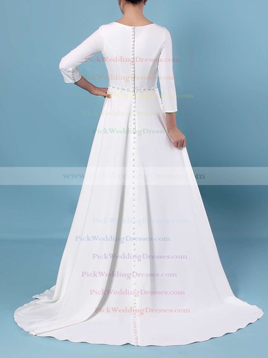 A-line Scoop Neck Satin Sweep Train Sashes / Ribbons Wedding Dresses #PWD00023461