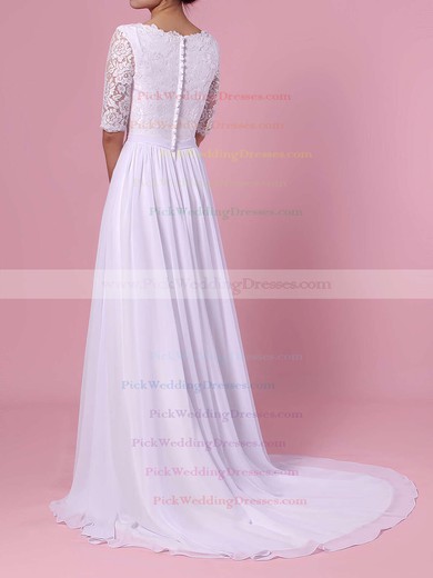 A-line Scoop Neck Lace Chiffon Sweep Train Sashes / Ribbons Wedding Dresses #PWD00023464