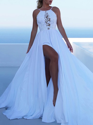 Lace Silk-like Satin Scoop Neck Sweep Train A-line Split Front Wedding Dresses #PWD00023471