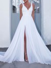 Chiffon V-neck Sweep Train A-line Appliques Lace Wedding Dresses #PWD00023475