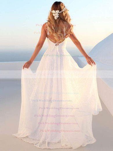 Lace V-neck Sweep Train A-line Appliques Lace Wedding Dresses #PWD00023478