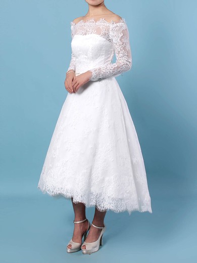 Lace Off-the-shoulder Tea-length Ball Gown Beading Wedding Dresses #PWD00023273