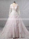 Tulle V-neck Sweep Train Ball Gown Appliques Lace Wedding Dresses #PWD00023379