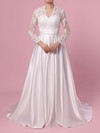 Satin Tulle V-neck Sweep Train Ball Gown Appliques Lace Wedding Dresses #PWD00023383
