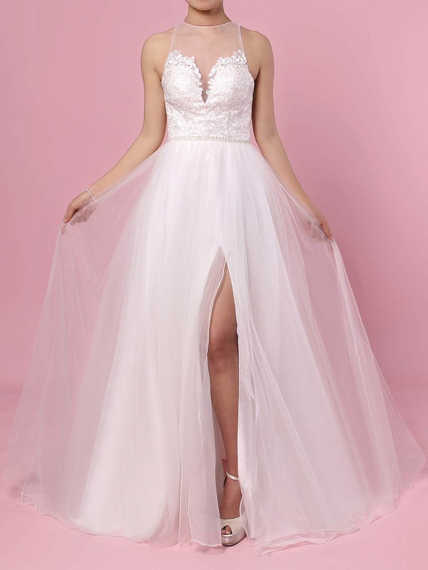 Tulle Scoop Neck Sweep Train A-line Beading Wedding Dresses #PWD00023384