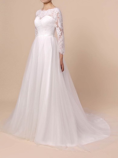 Lace Tulle Scoop Neck Sweep Train A-line Appliques Lace Wedding Dresses #PWD00023402