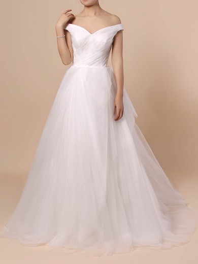 Tulle Off-the-shoulder Sweep Train Ball Gown Ruffles Wedding Dresses #PWD00023404