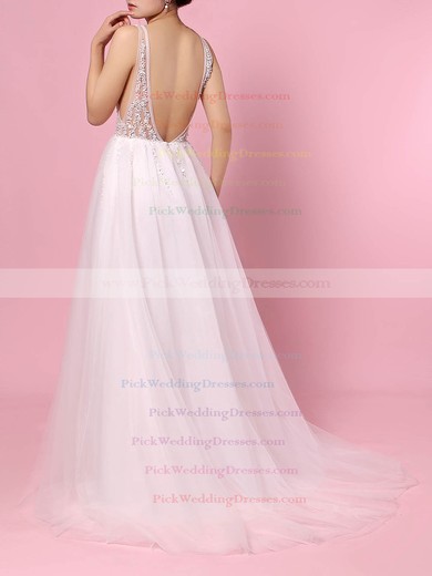Tulle V-neck Sweep Train Princess Beading Wedding Dresses #PWD00023406