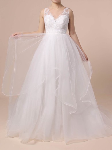 Lace Tulle V-neck Sweep Train Princess Cascading Ruffles Wedding Dresses #PWD00023422