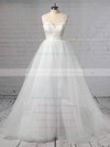 Lace Tulle V-neck Sweep Train Princess Cascading Ruffles Wedding Dresses #PWD00023422