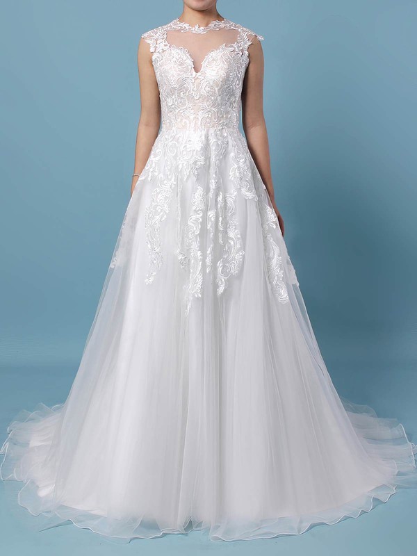 Tulle Scoop Neck Sweep Train A-line Appliques Lace Wedding Dresses #PWD00023431