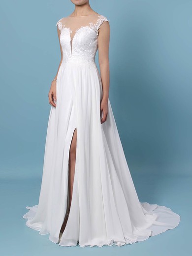 Chiffon Tulle Scoop Neck Sweep Train A-line Lace Wedding Dresses #PWD00023440