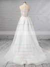 Organza Tulle V-neck Sweep Train A-line Appliques Lace Wedding Dresses #PWD00023442