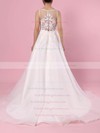 Organza Tulle V-neck Sweep Train A-line Appliques Lace Wedding Dresses #PWD00023442