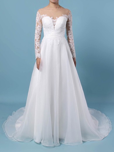 Organza Tulle Scoop Neck Sweep Train A-line Appliques Lace Wedding Dresses #PWD00023444
