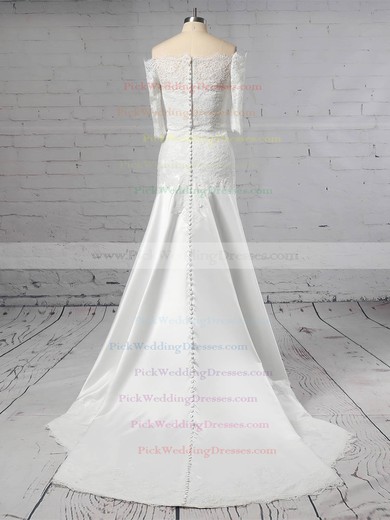 Lace Satin Off-the-shoulder Sweep Train Sheath/Column Appliques Lace Wedding Dresses #PWD00023445