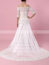Lace Satin Off-the-shoulder Sweep Train Sheath/Column Appliques Lace Wedding Dresses #PWD00023445