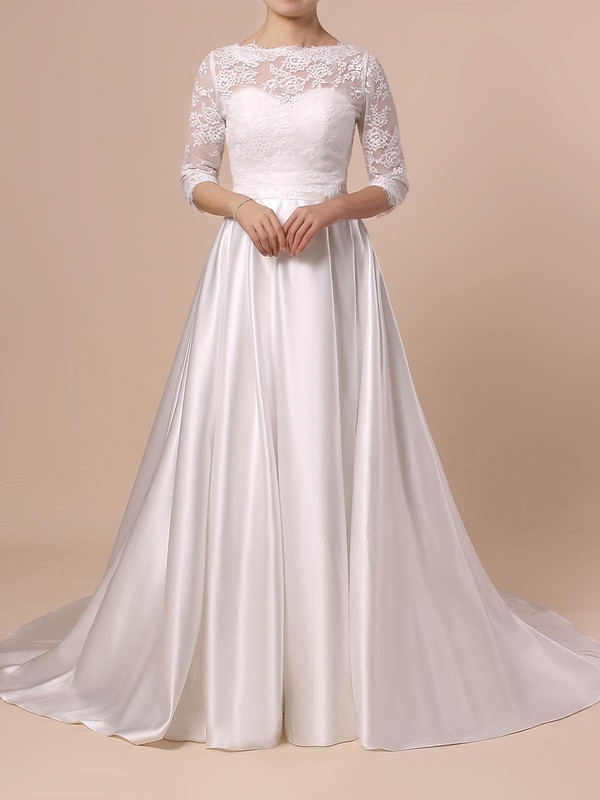 Lace Satin Scalloped Neck Sweep Train Ball Gown Sashes / Ribbons Wedding Dresses #PWD00023446