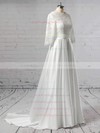 Lace Satin Scalloped Neck Sweep Train Ball Gown Sashes / Ribbons Wedding Dresses #PWD00023446