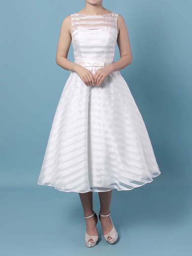Organza Scoop Neck Tea-length Ball Gown Sashes / Ribbons Wedding Dresses #PWD00023449
