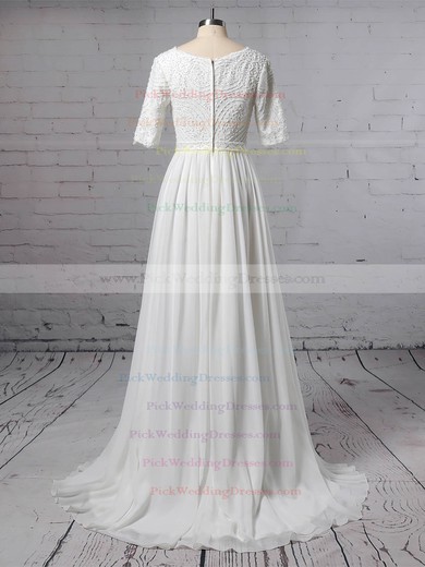 Lace Chiffon V-neck Sweep Train A-line Beading Wedding Dresses #PWD00023463