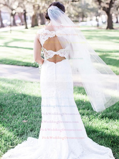Lace V-neck Sweep Train Sheath/Column Lace Wedding Dresses #PWD00023540