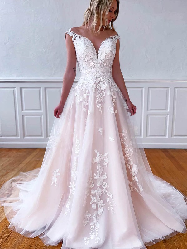 Tulle V-neck Sweep Train Ball Gown Appliques Lace Wedding Dresses #PWD00023542