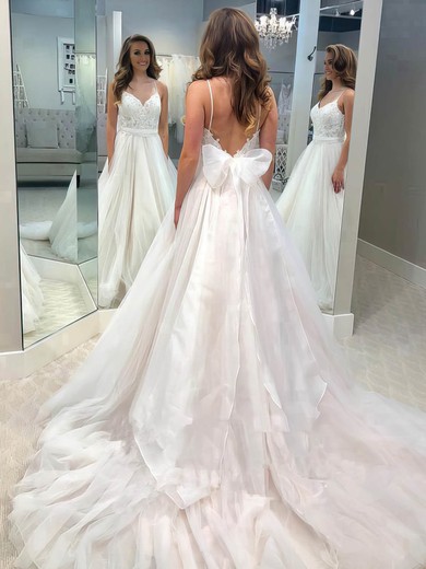Lace Tulle V-neck Sweep Train Ball Gown Bow Wedding Dresses #PWD00023545