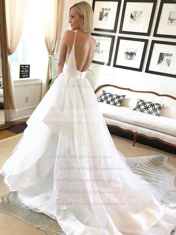 Satin Organza V-neck Sweep Train Ball Gown Wedding Dresses #PWD00023546